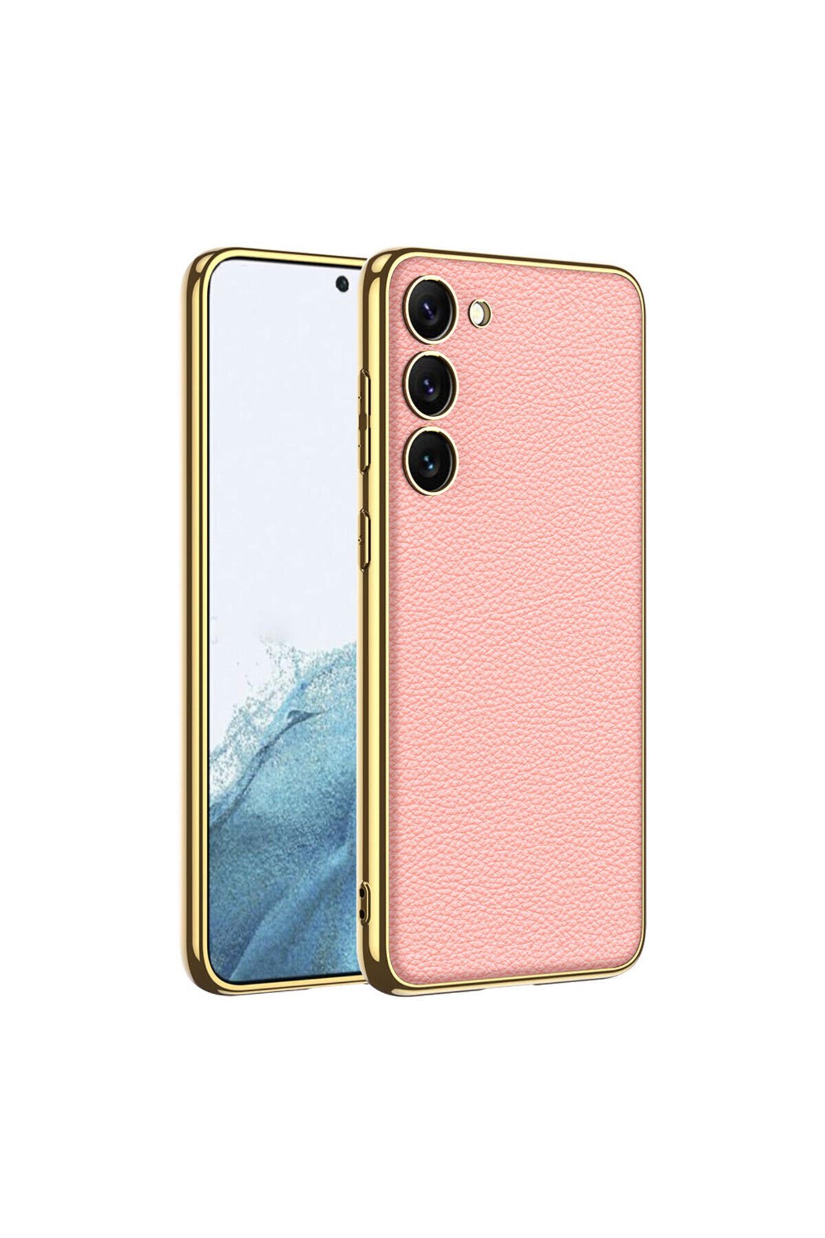 Galaxy S23 Uyumlu Deri Görünümlü Kenarları Elektroplating Kaplama BSAY Fizyon Kılıf-Kırmızı Pembe