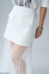 Fermuarlı ve Cep Detaylı Pileli Tüllü Etek Beyaz - M