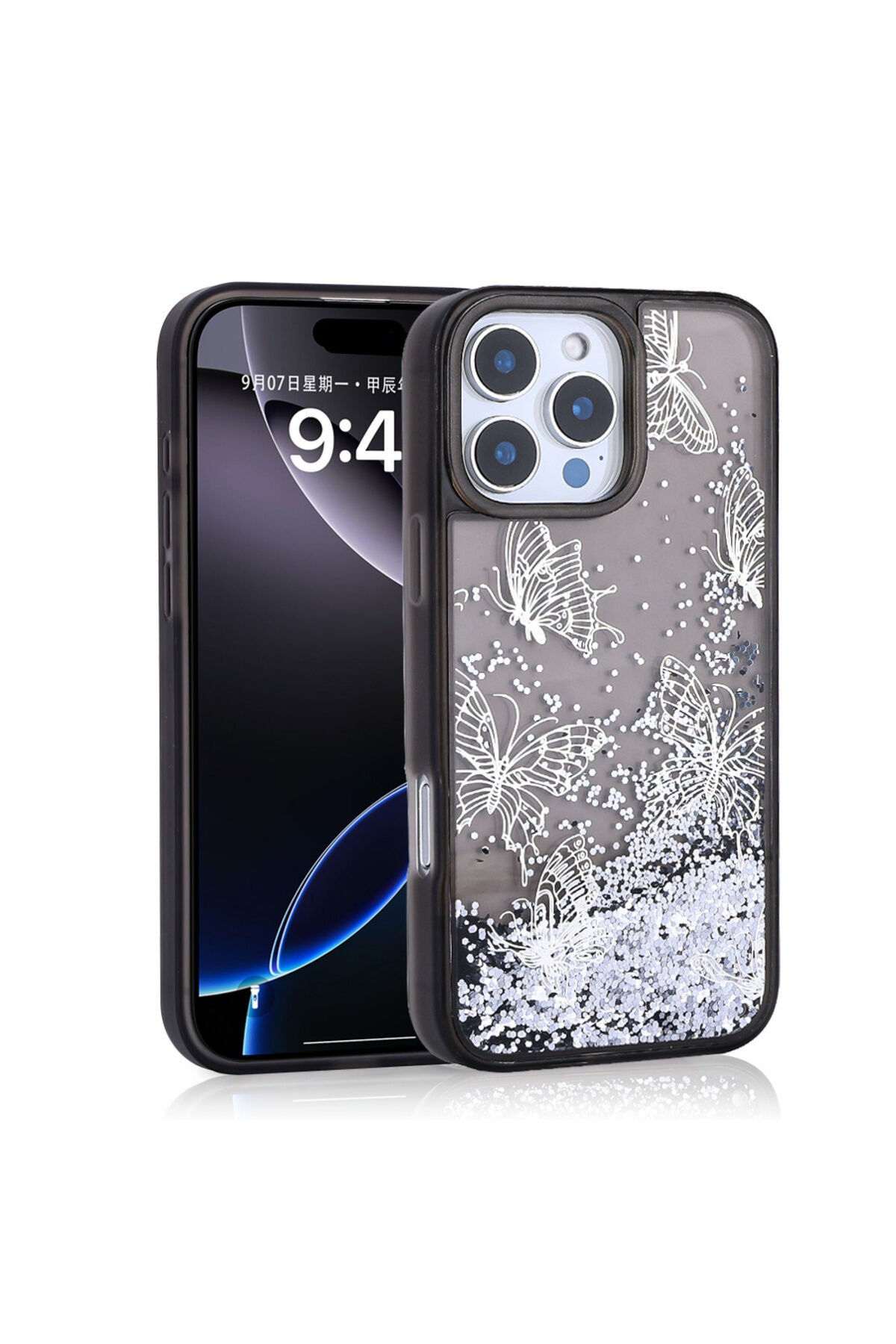 iPhone 16 Pro Max Kılıf Sıvılı Simli Kelebek Baskılı Şeffaf Arka Yüzey BSAY Glis Silikon Kapak - Siy