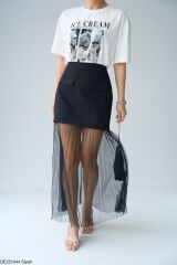 Fermuarlı ve Cep Detaylı Pileli Tüllü Etek Siyah - L