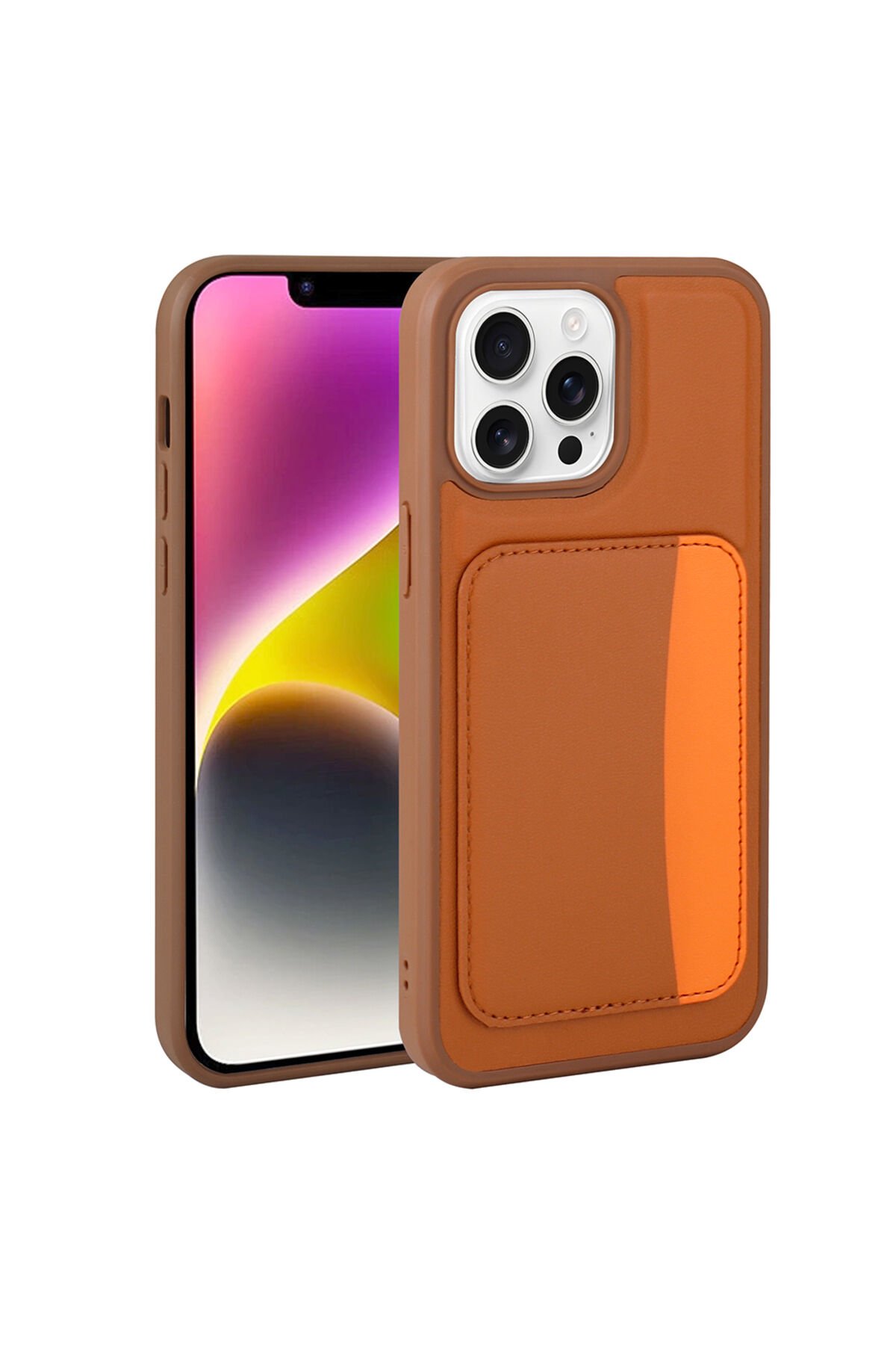 iPhone 16 Pro Max Kılıf Kartlıklı BSAY X-Kart Silikon Kapak - Turuncu Kahverengi
