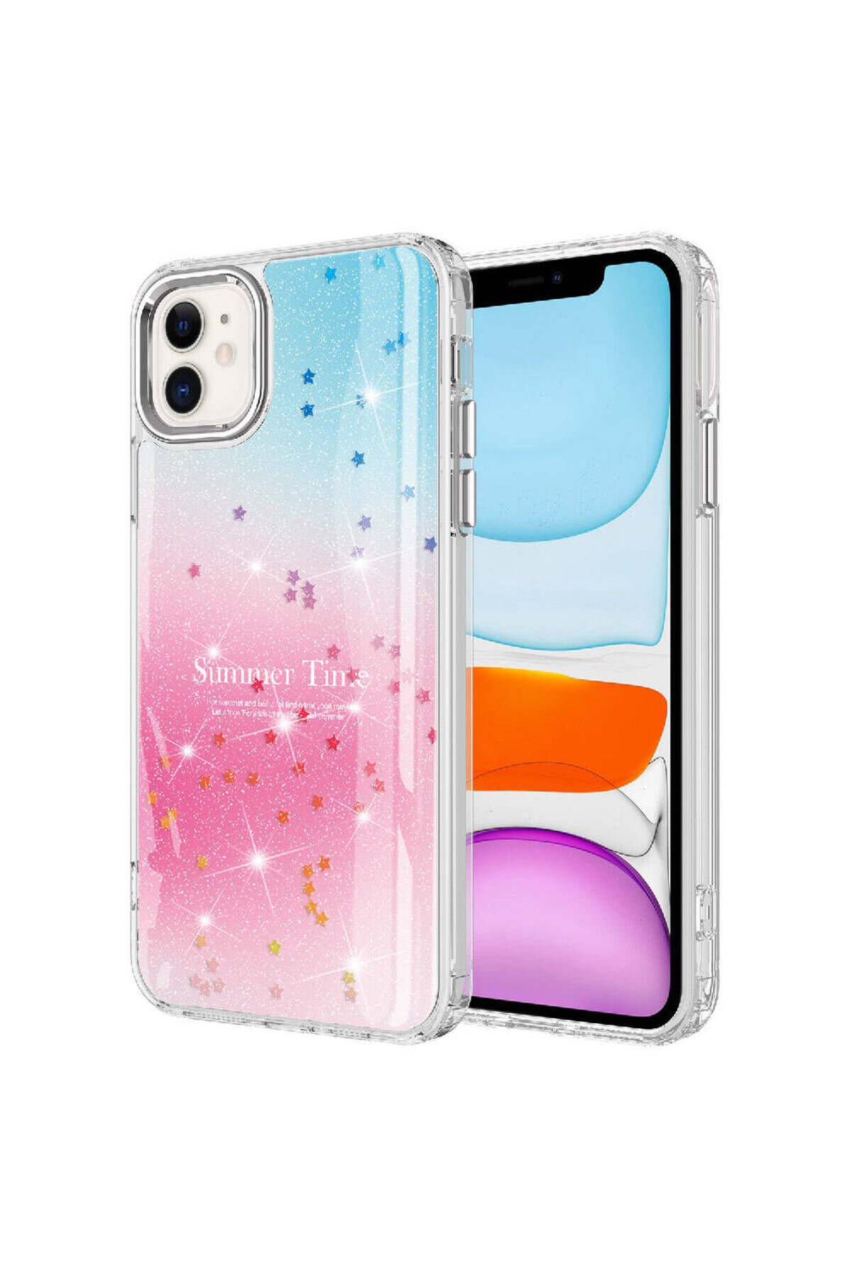 iPhone 11 Uyumlu Simli Desenli Parlak BSAY Task Kılıf-Mavi Pembe