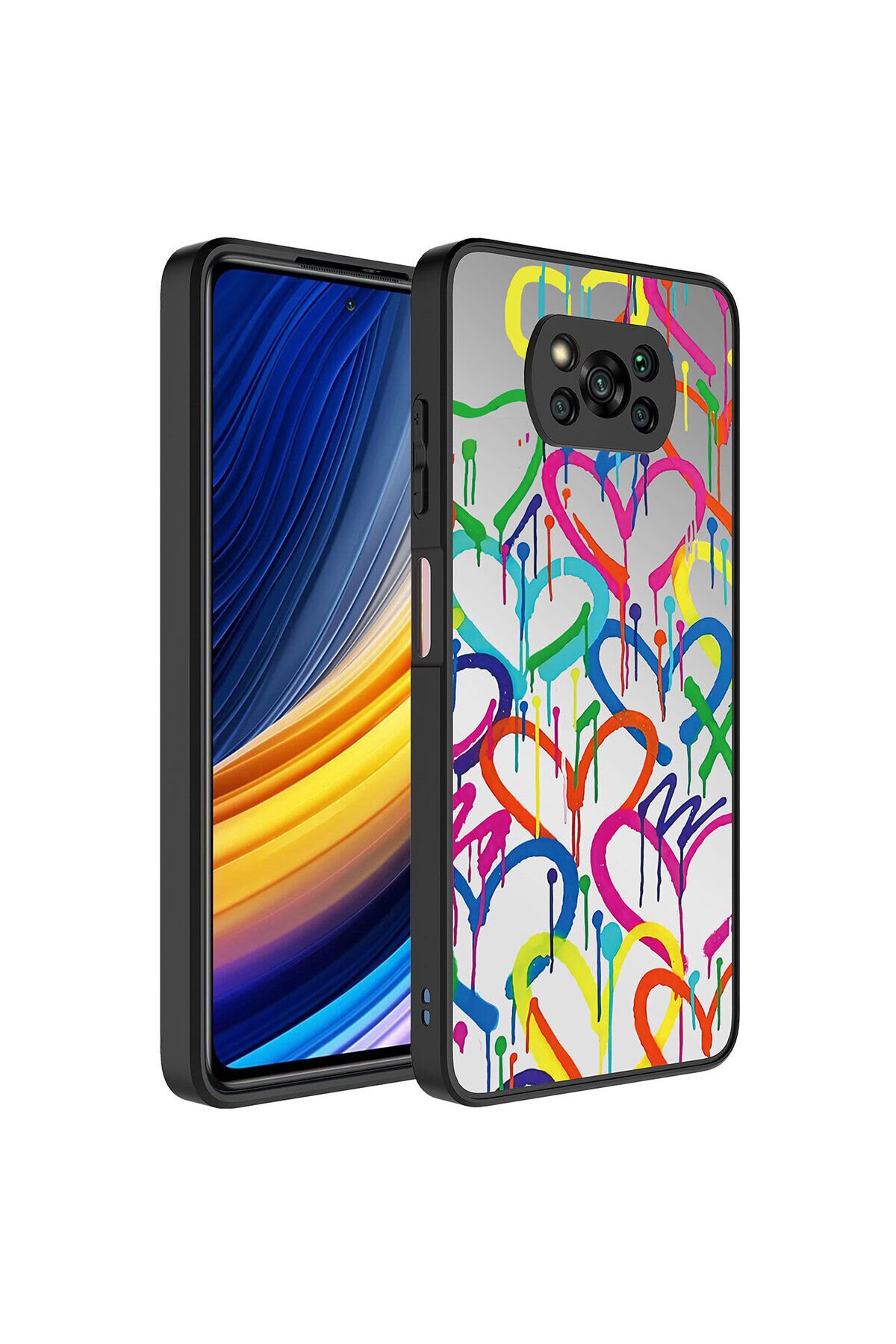 Poco X3 Kılıf Aynalı Desenli Kamera Korumalı Parlak BSAY Mirror Kapak - Kalp Kalp
