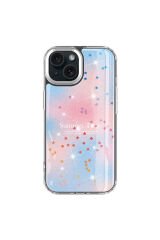 iPhone 15 Plus Uyumlu Simli Desenli Parlak BSAY Task Kılıf-Pembe Mavi
