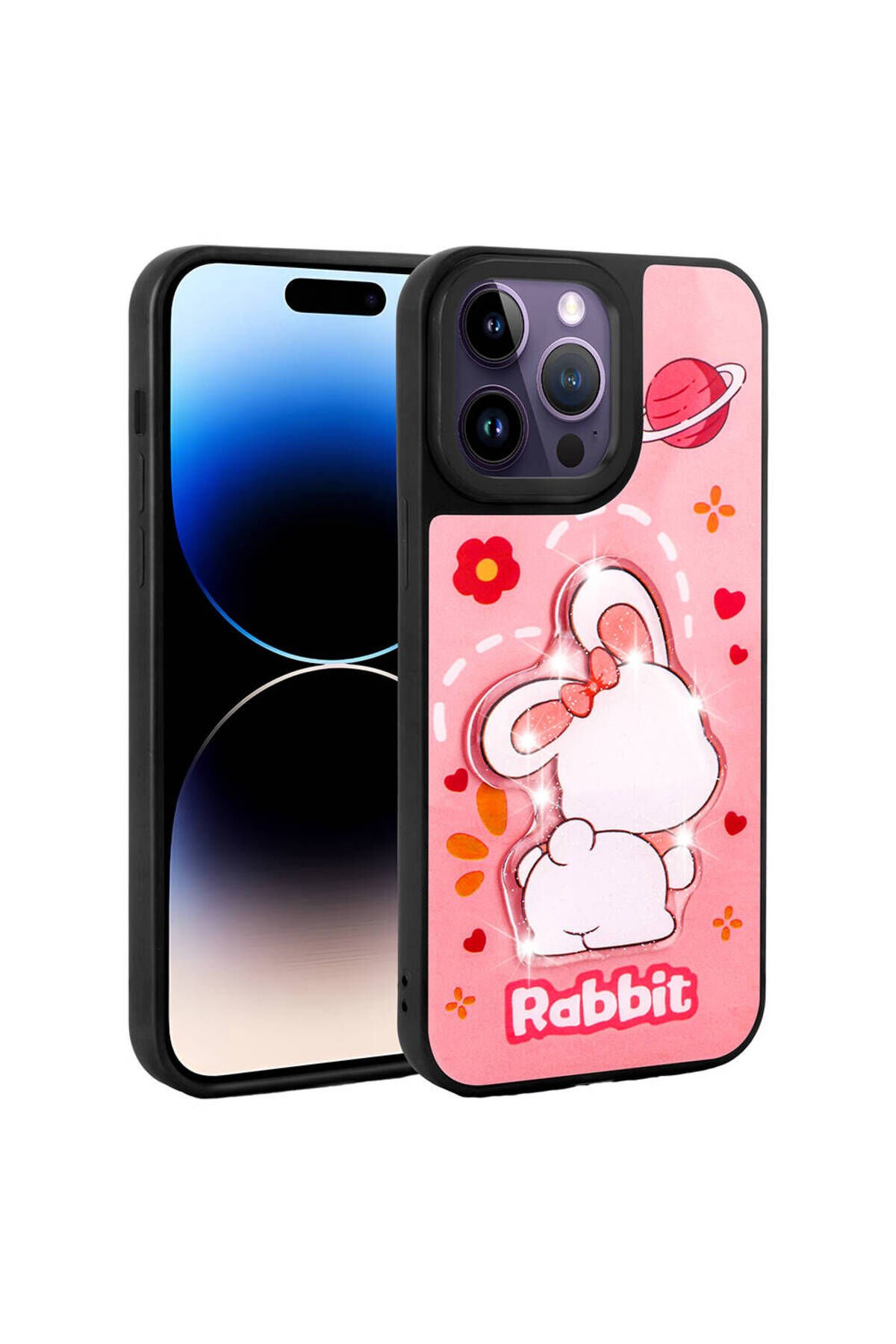 iPhone 14 Pro Max Kılıf Parlayan Kabartmalı İkonik Figürlü BSAY Amas Silikon Kapak - Beyaz Pembe
