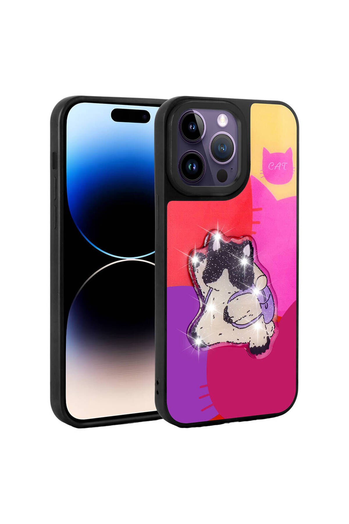 iPhone 14 Pro Max Kılıf Parlayan Kabartmalı İkonik Figürlü BSAY Amas Silikon Kapak - Beyaz Mor