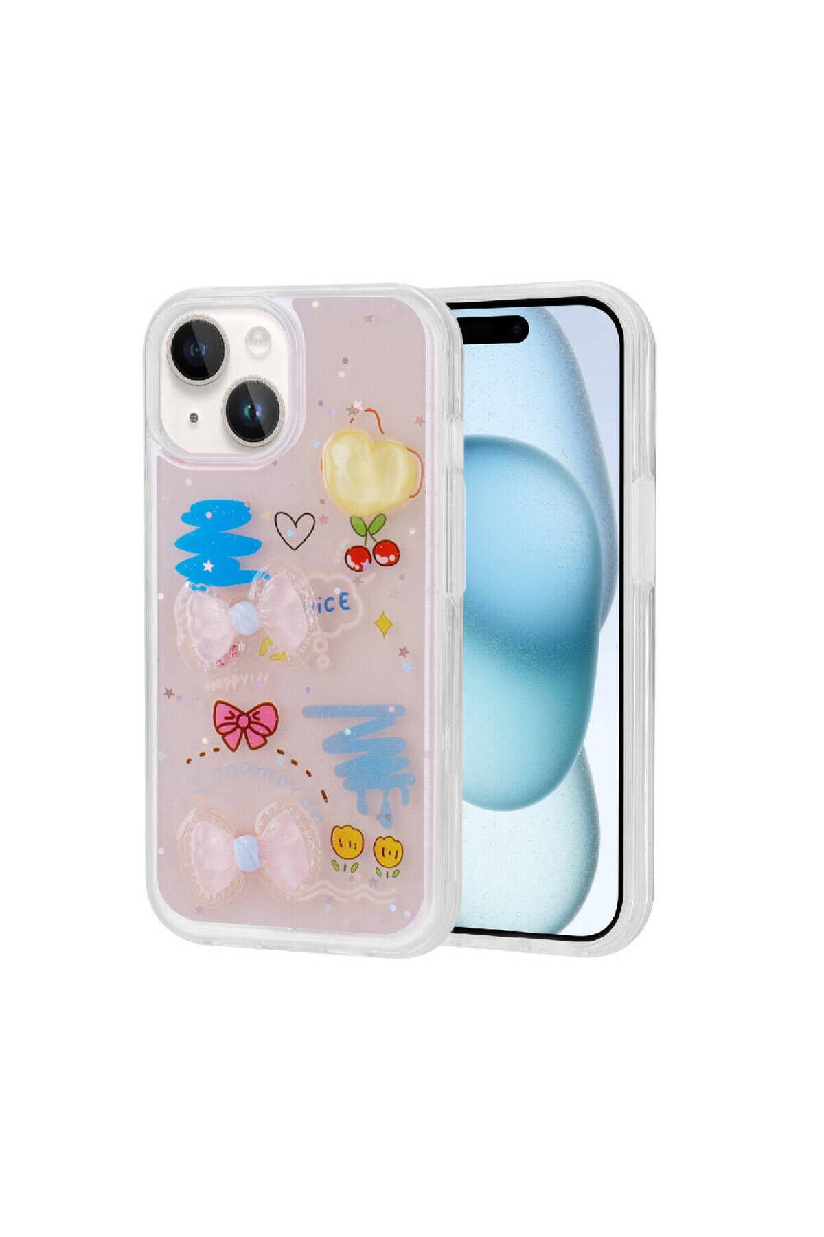iPhone 14 Uyumlu Kabartma Figürlü Parlak BSAY Minimini Silikon Kılıf-Pembe Pembe
