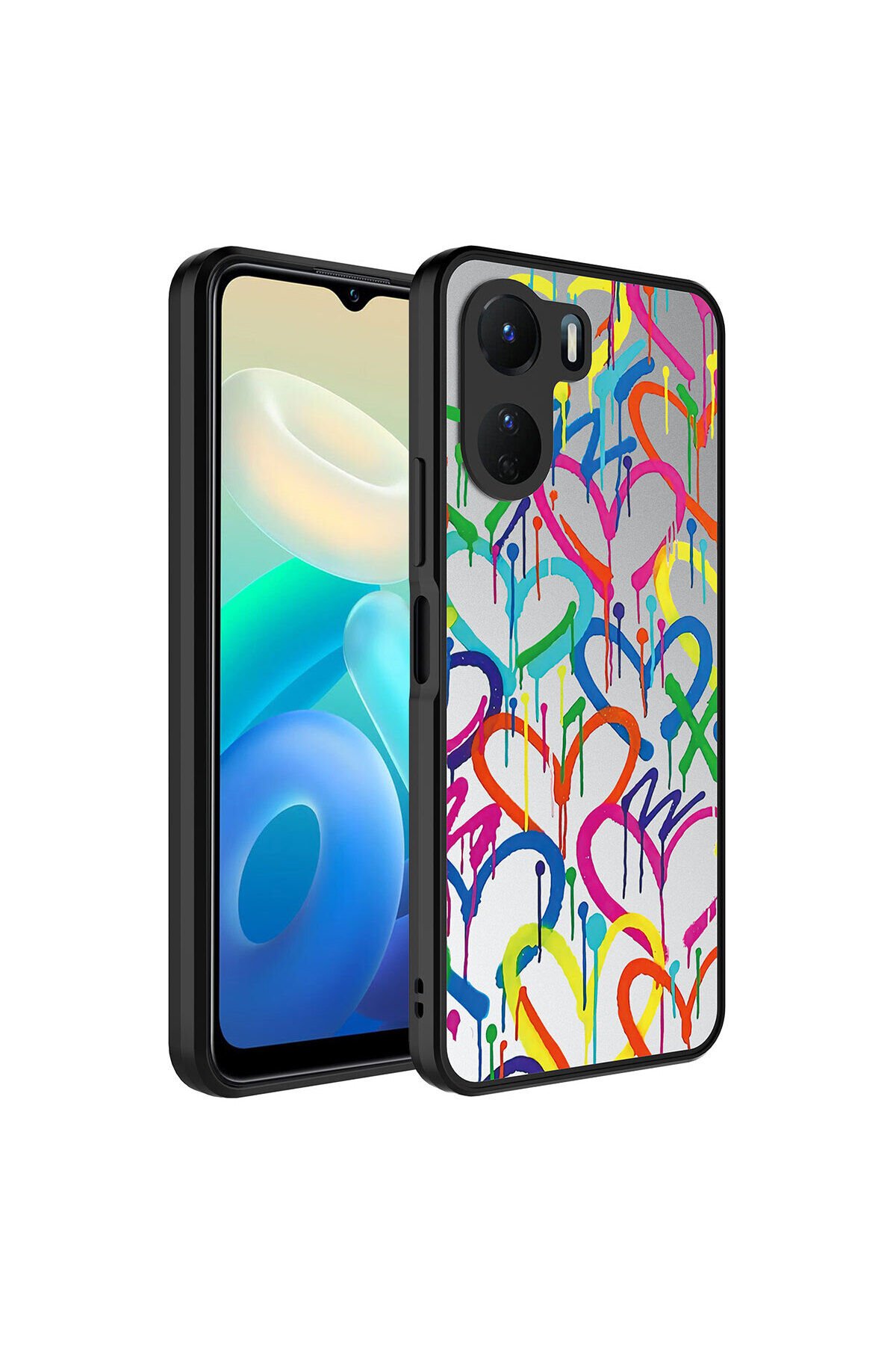 Vivo Y16 Kılıf Aynalı Desenli Kamera Korumalı Parlak BSAY Mirror Kapak - Yazı Kalp