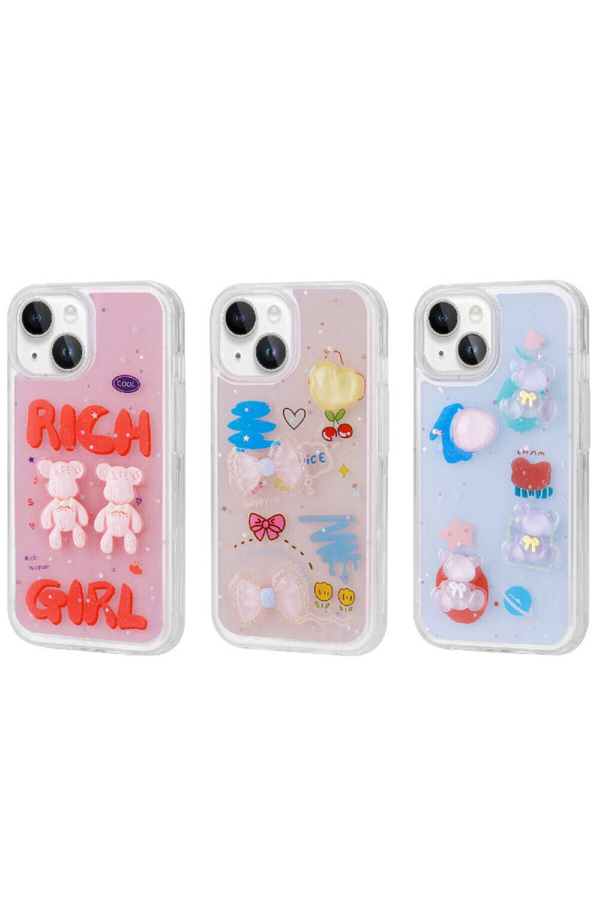 iPhone 15 Uyumlu Kabartma Figürlü Parlak BSAY Minimini Silikon Kılıf-Pembe Pembe