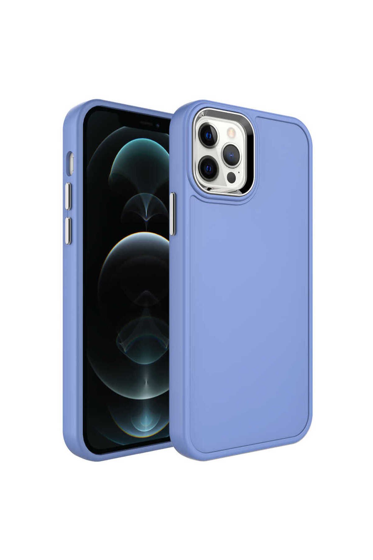 iPhone 12 Pro Max Uyumlu Metal Çerçeve ve Buton Tasarımlı Sert BSAY Botox Kılıf-Pembe Açık Lavendery Gray