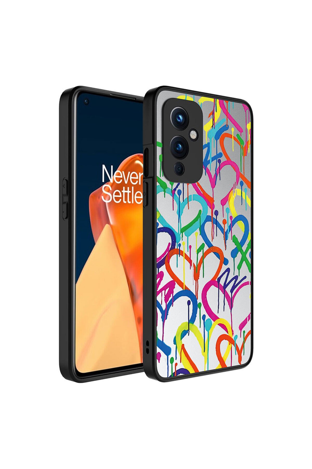 One Plus 9 Kılıf Aynalı Desenli Kamera Korumalı Parlak BSAY Mirror Kapak - Kalp Kalp