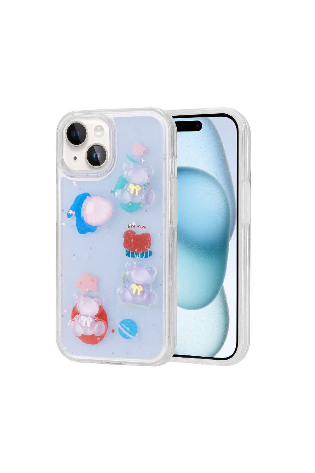 iPhone 15 Uyumlu Kabartma Figürlü Parlak BSAY Minimini Silikon Kılıf-Pembe Mor