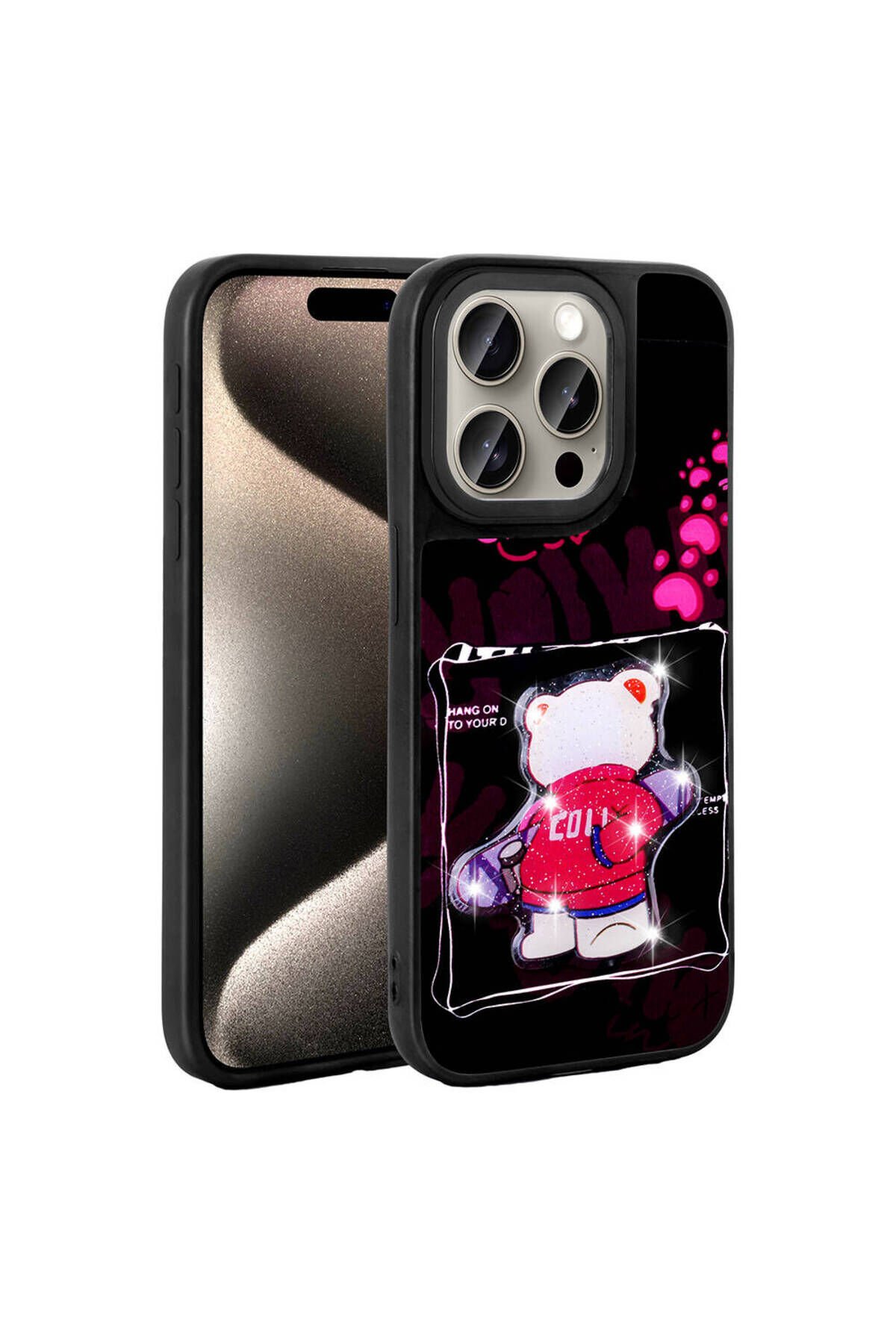 iPhone 15 Pro Kılıf Parlayan Kabartmalı İkonik Figürlü ZPRB Amas Silikon Kapak - Pembe Pembe