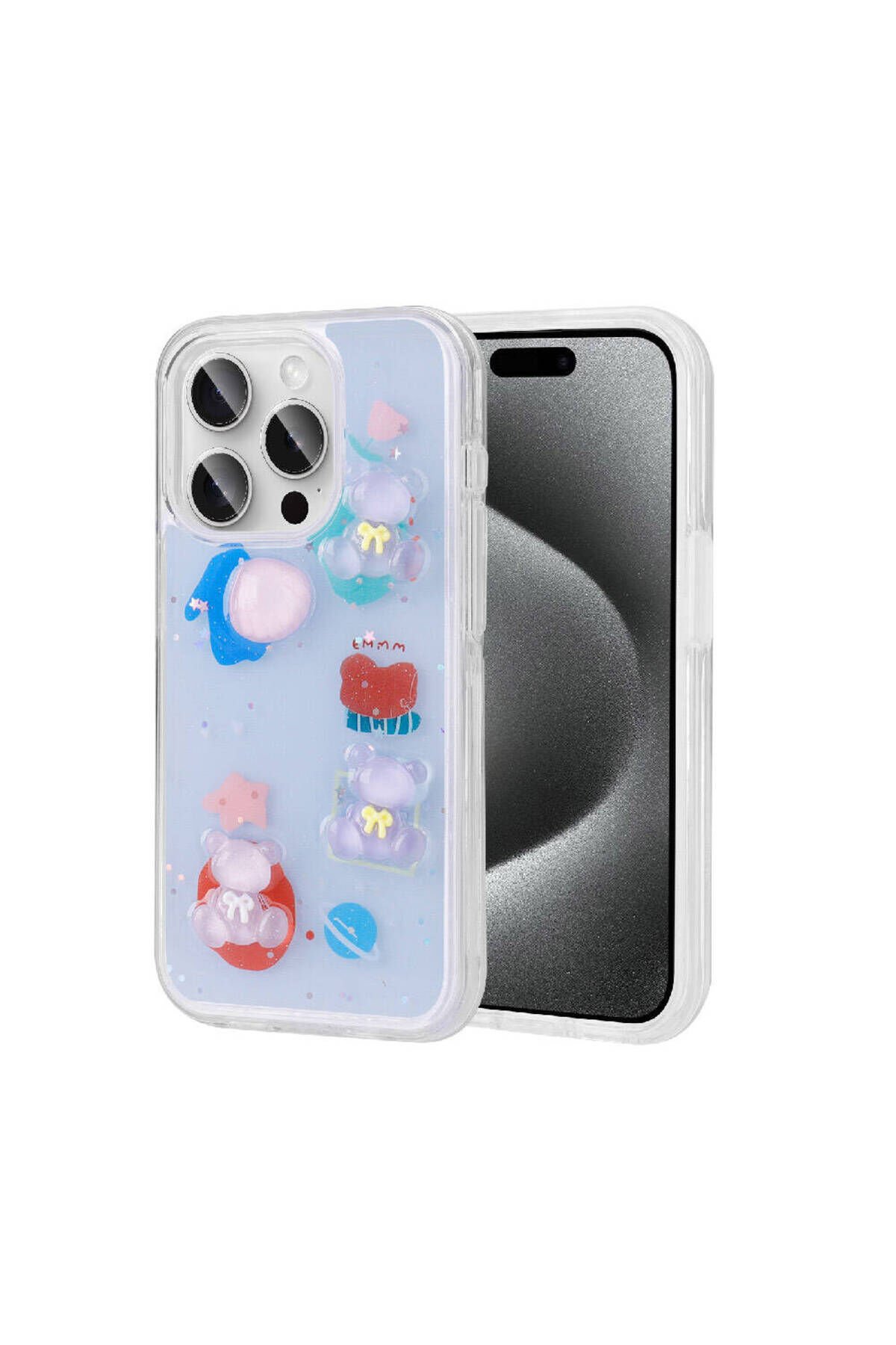 iPhone 15 Pro Uyumlu Kabartma Figürlü Parlak BSAY Minimini Silikon Kılıf-Kırmızı Mor