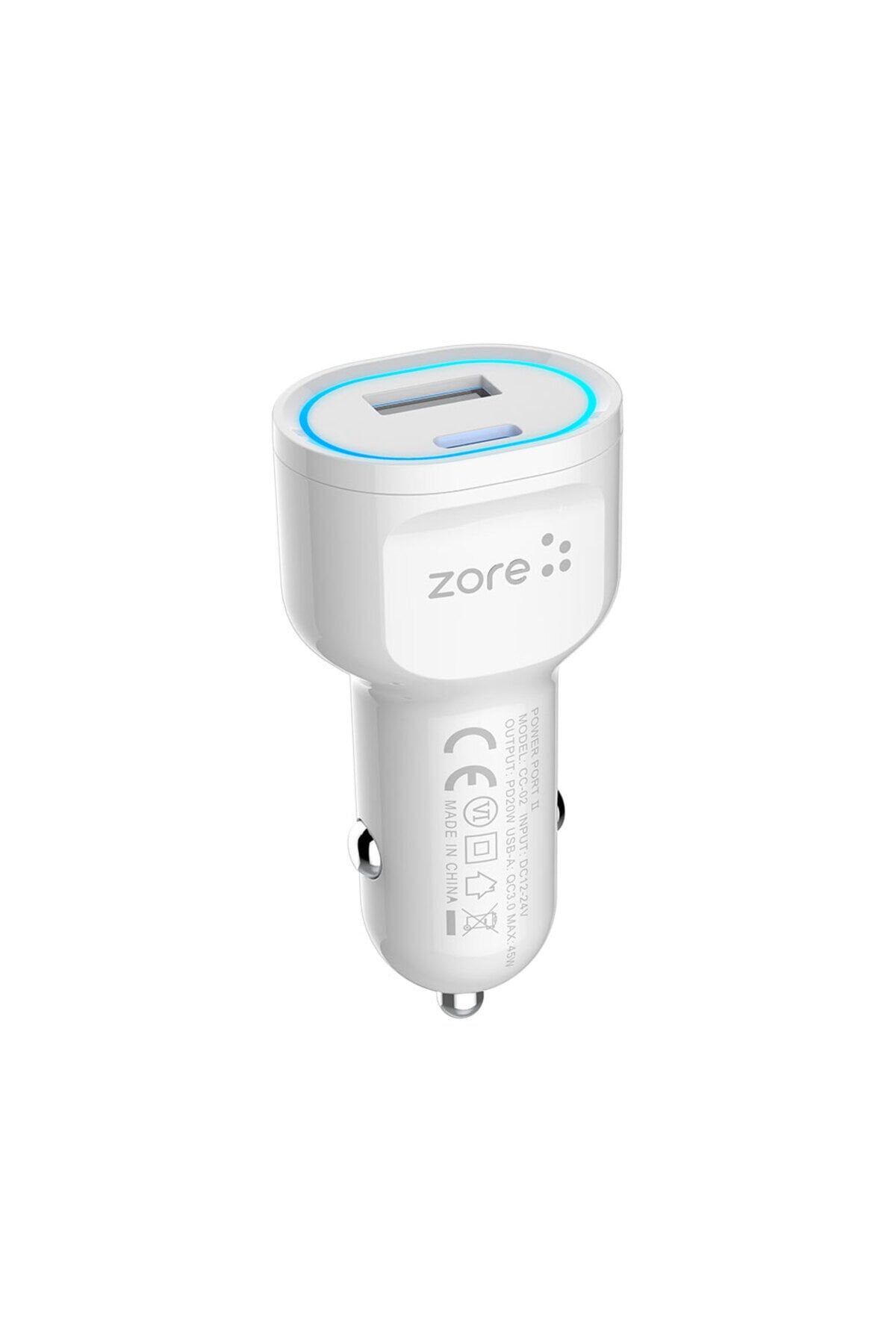 SBT CC-02 Hızlı Şarj Özellikli LED Işıklı QC 3.0 USB-A ve Type-C PD Araç Şarj Başlığı PD 20W - Beya Beyaz