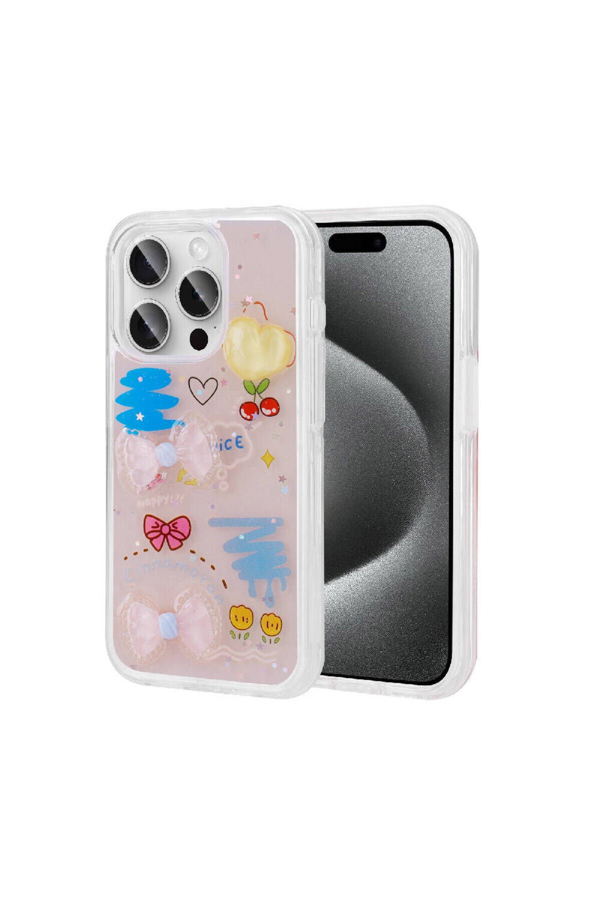 iPhone 15 Pro Max Uyumlu Kabartma Figürlü Parlak BSAY Minimini Silikon Kılıf-Mor Pembe