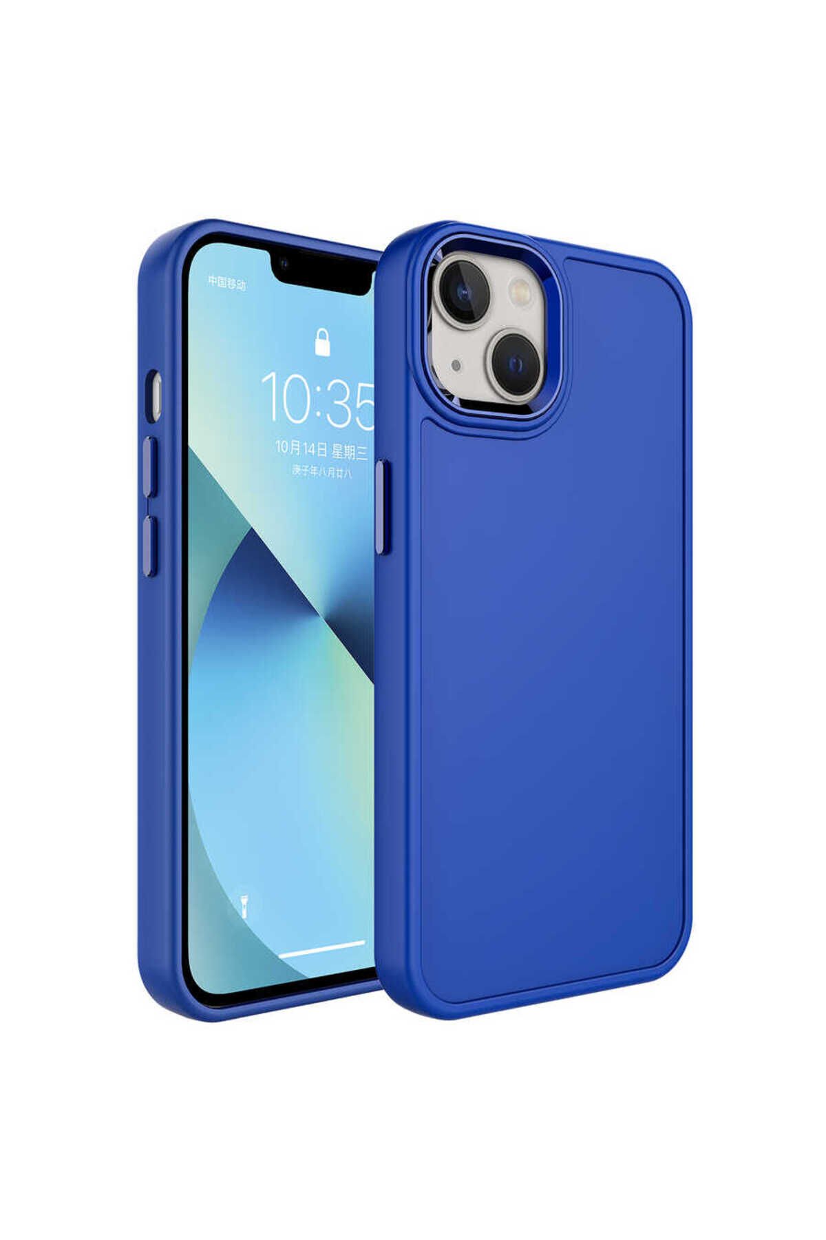 iPhone 14 Uyumlu Metal Çerçeve ve Buton Tasarımlı Sert BSAY Botox Kılıf-Pembe Açık Lacivert