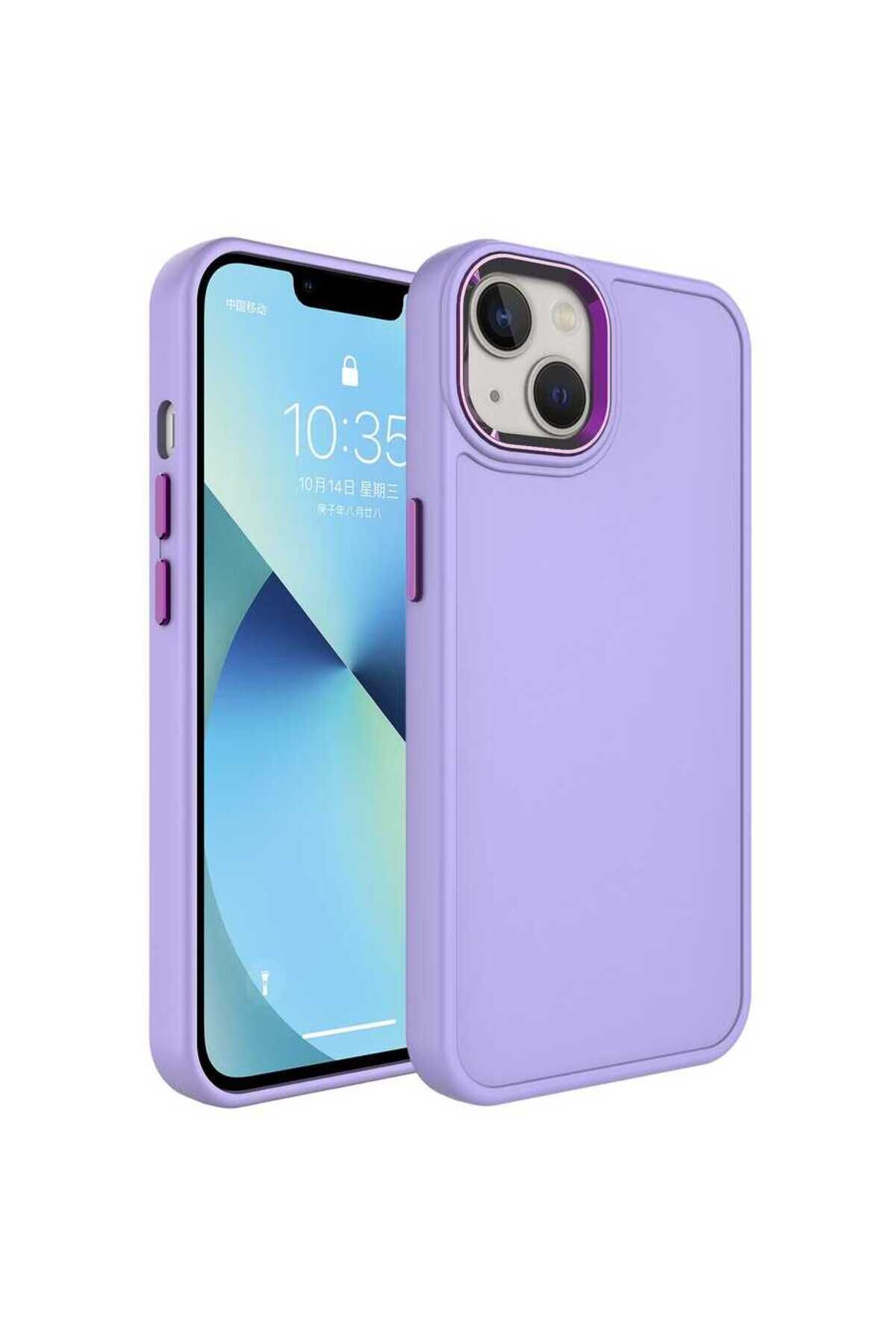 iPhone 14 Uyumlu Metal Çerçeve ve Buton Tasarımlı Sert BSAY Botox Kılıf-Pembe Açık Lila