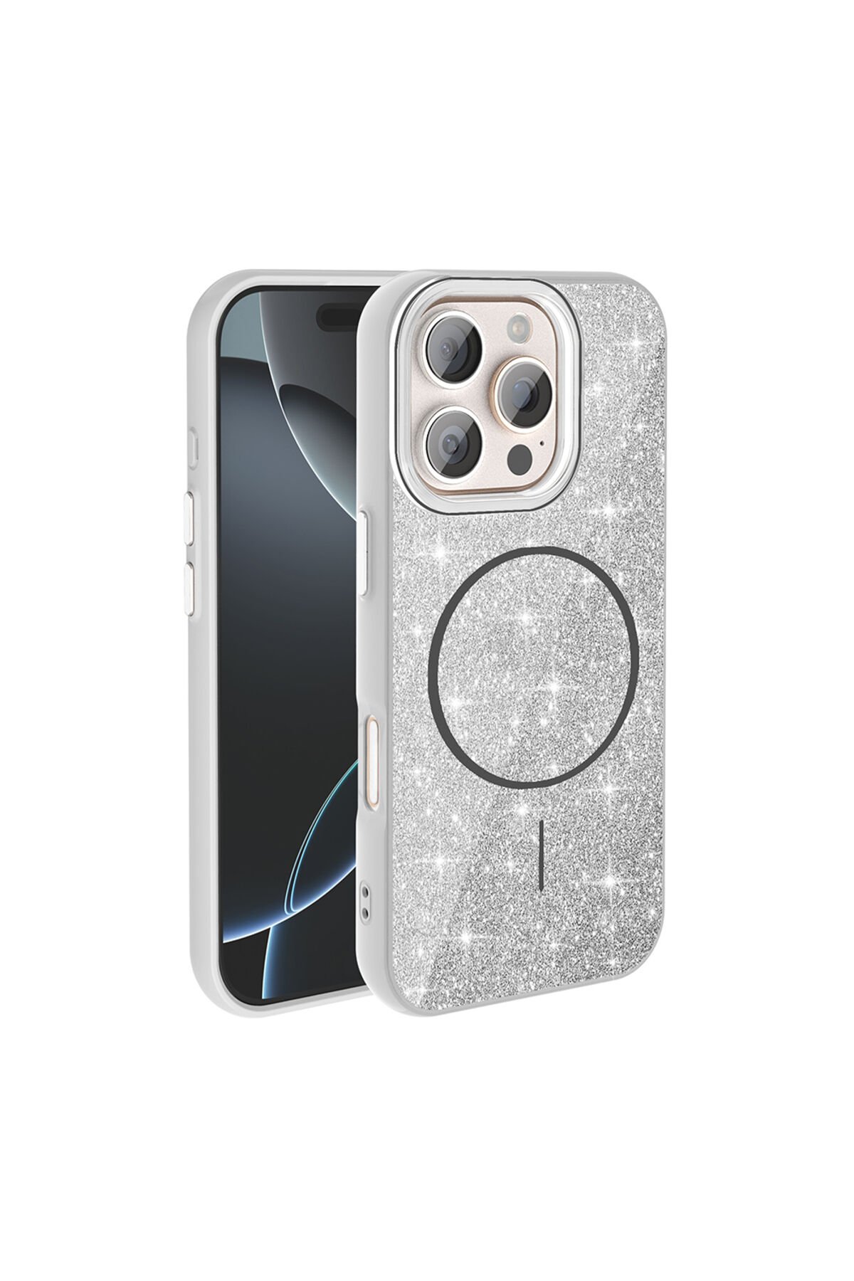iPhone 16 Pro Max Kılıf Magsafe Şarj Özellikli Parlayan Simli BSAY Okso Kapak - Beyaz