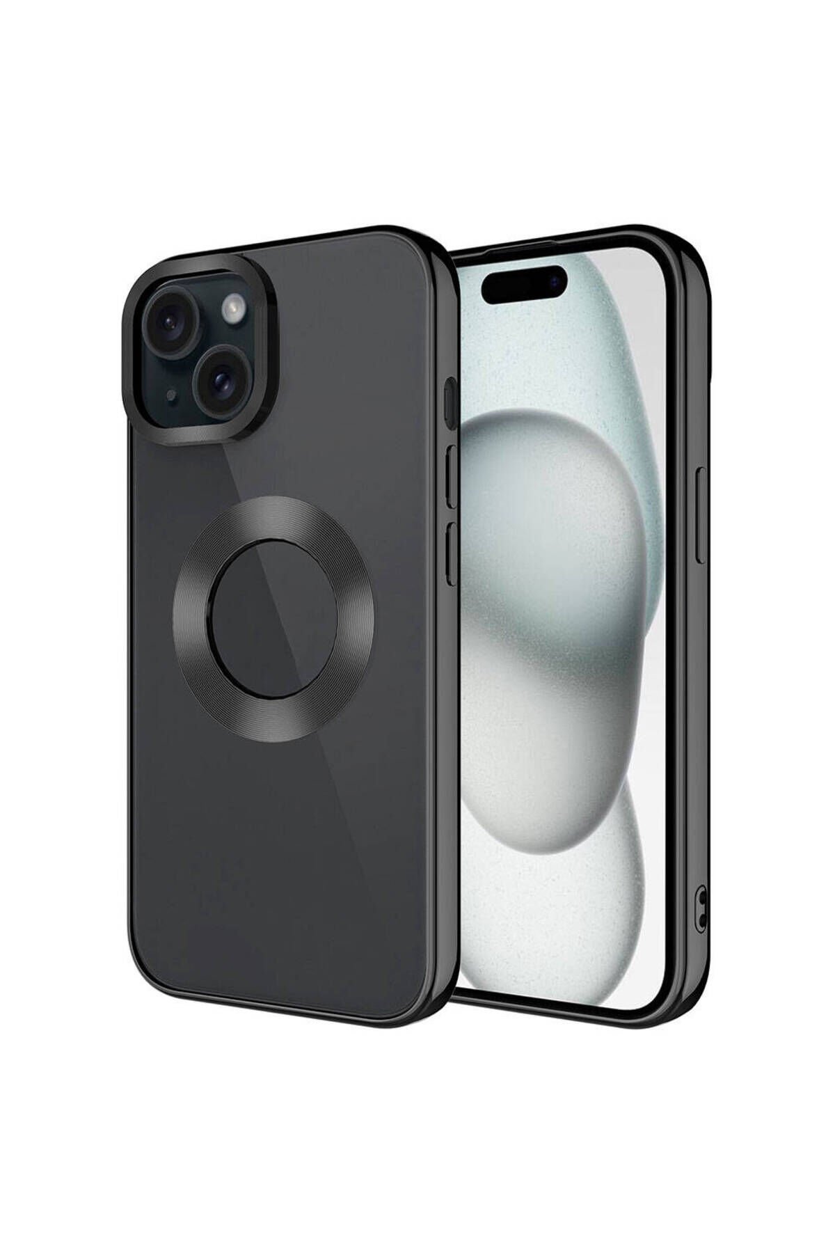 iPhone 15 Plus Uyumlu Tek Kamera Çerçeveli Logo Gösteren BSAY Omega Kılıf-Gold Siyah