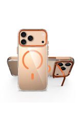 iPhone 17 Pro Kılıf M-safe Şarj Özellikli Airbagli Kamera Standlı BSAY Azor Kapak - Koyu Gri Turuncu