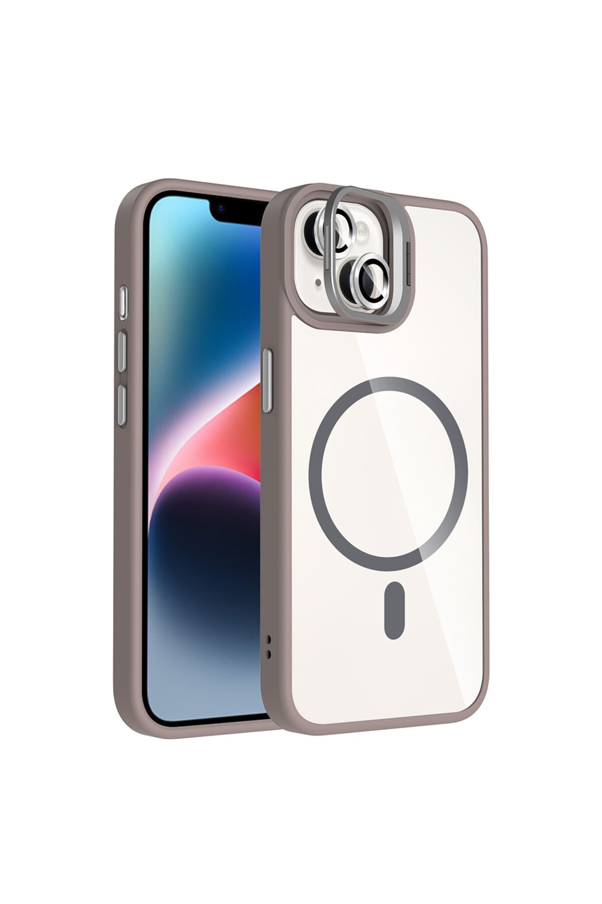 iPhone 14 Kılıf Standlı ve Kamera Lens Hediyeli M-Safe Şarj Özellikli BSAY Etro Kapak - Desert Titan Gri