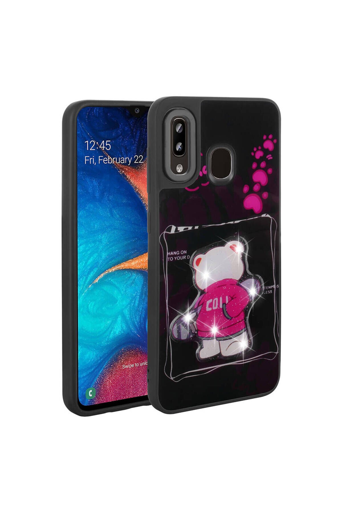 Galaxy A20 Kılıf Parlayan Kabartmalı İkonik Figürlü BSAY Amas Silikon Kapak - Mor Siyah