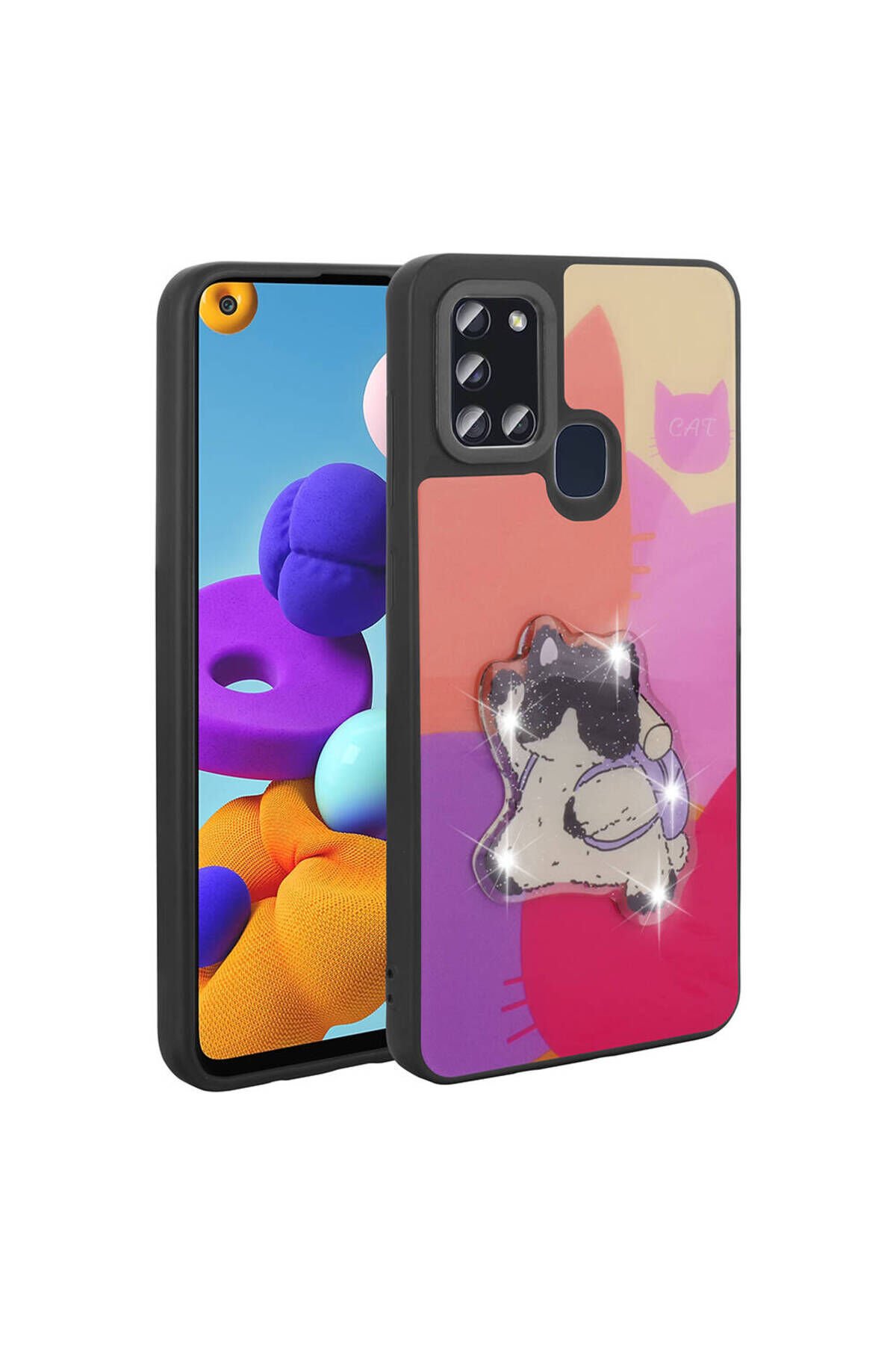 Galaxy A21S Kılıf Parlayan Kabartmalı İkonik Figürlü KLFK Amas Silikon Kapak - Mor Mor