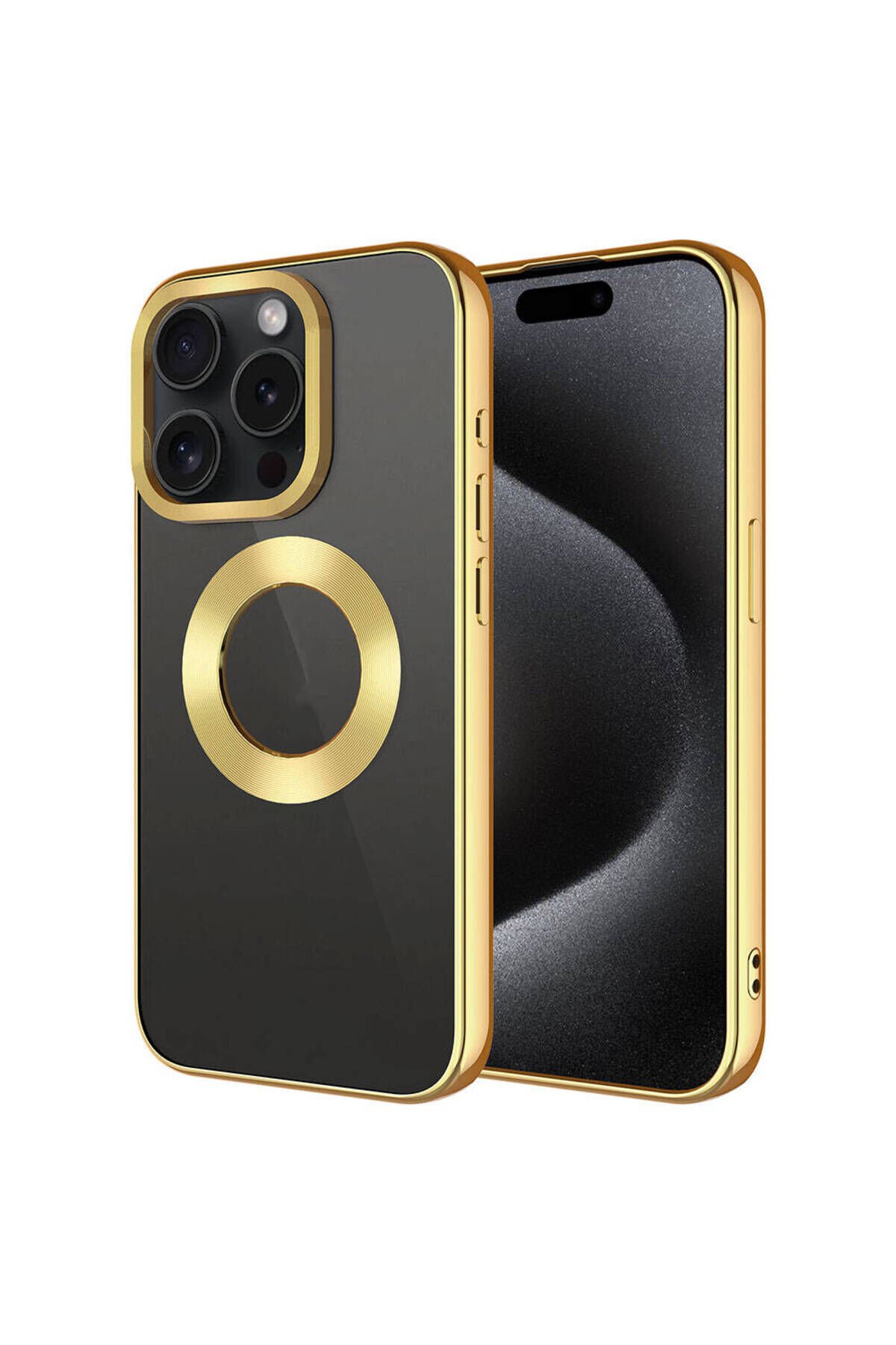 iPhone 15 Pro Uyumlu Tek Kamera Çerçeveli Logo Gösteren BSAY Omega Kılıf-Lacivert Gold