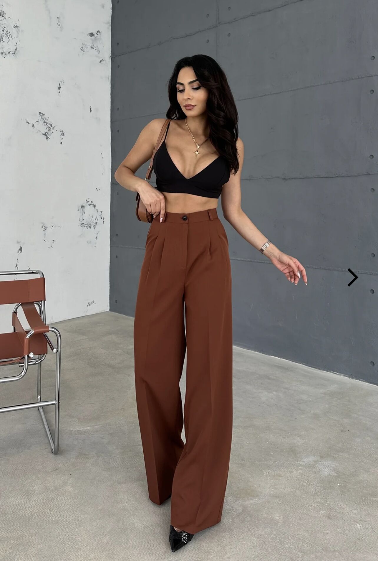 Yüksek Bel Önden Cep Detaylı Palazzo Pantolon Kahverengi - M