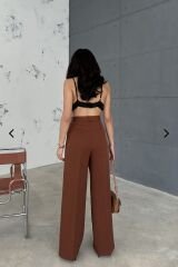 Yüksek Bel Önden Cep Detaylı Palazzo Pantolon Kahverengi - M