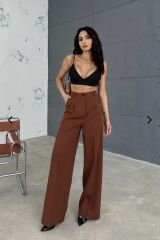 Yüksek Bel Önden Cep Detaylı Palazzo Pantolon Kahverengi - M