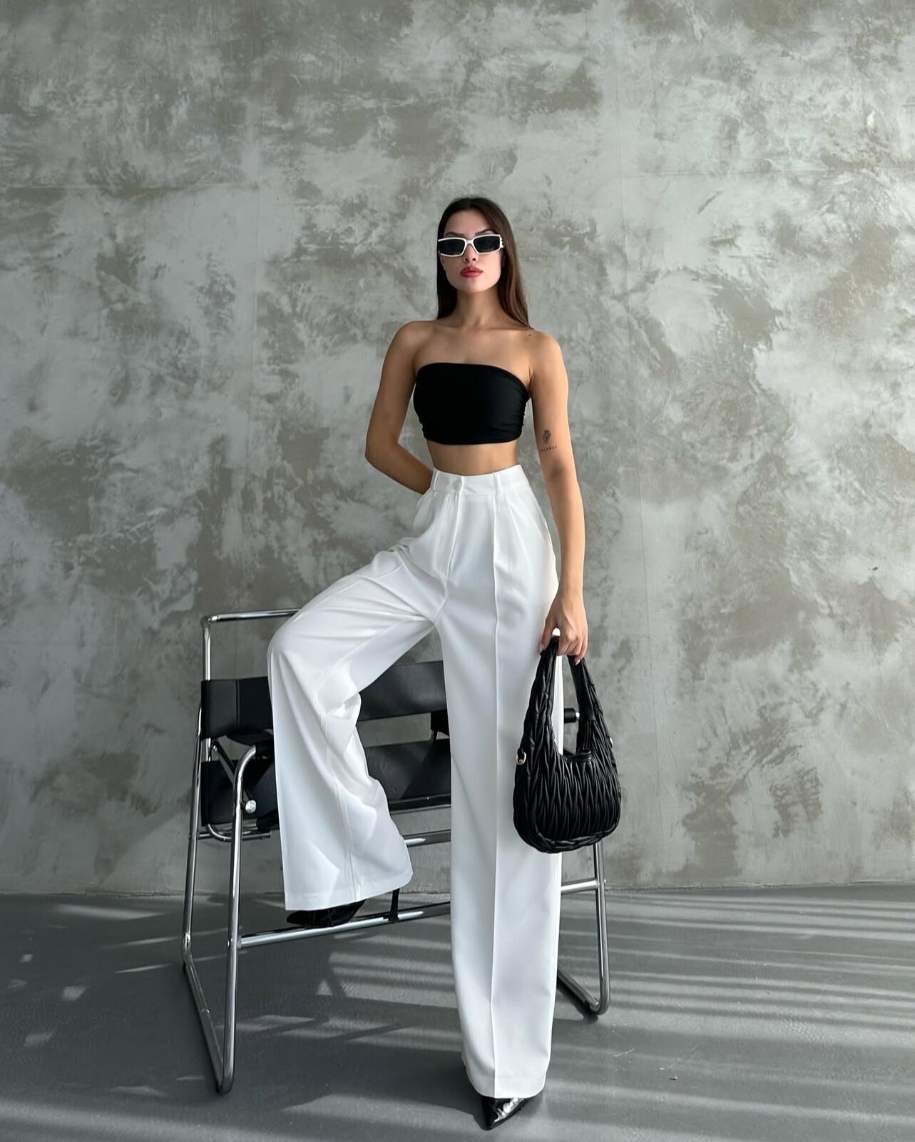 Yüksek Bel Önden Cep Detaylı Palazzo Pantolon Beyaz - L