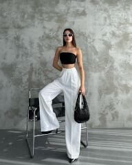 Yüksek Bel Önden Cep Detaylı Palazzo Pantolon Beyaz - L