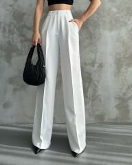 Yüksek Bel Önden Cep Detaylı Palazzo Pantolon Beyaz - L