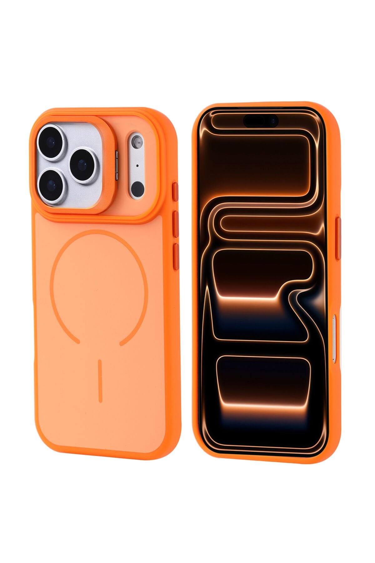 iPhone 17 Pro Max Kılıf M-safe Şarj Özellikli Kamera Standlı TKDW Notron Kapak - Gri Turuncu