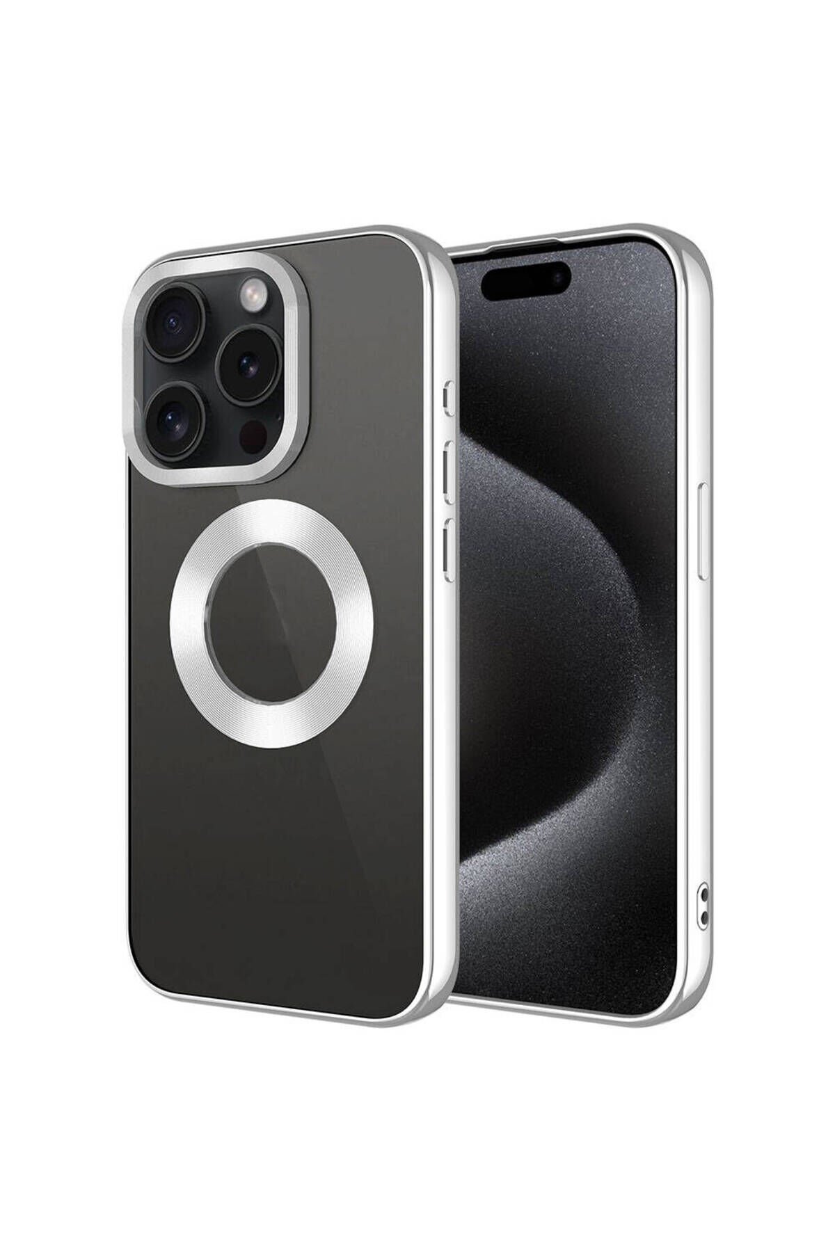 iPhone 15 Pro Uyumlu Tek Kamera Çerçeveli Logo Gösteren BSAY Omega Kılıf-Lacivert Gümüş