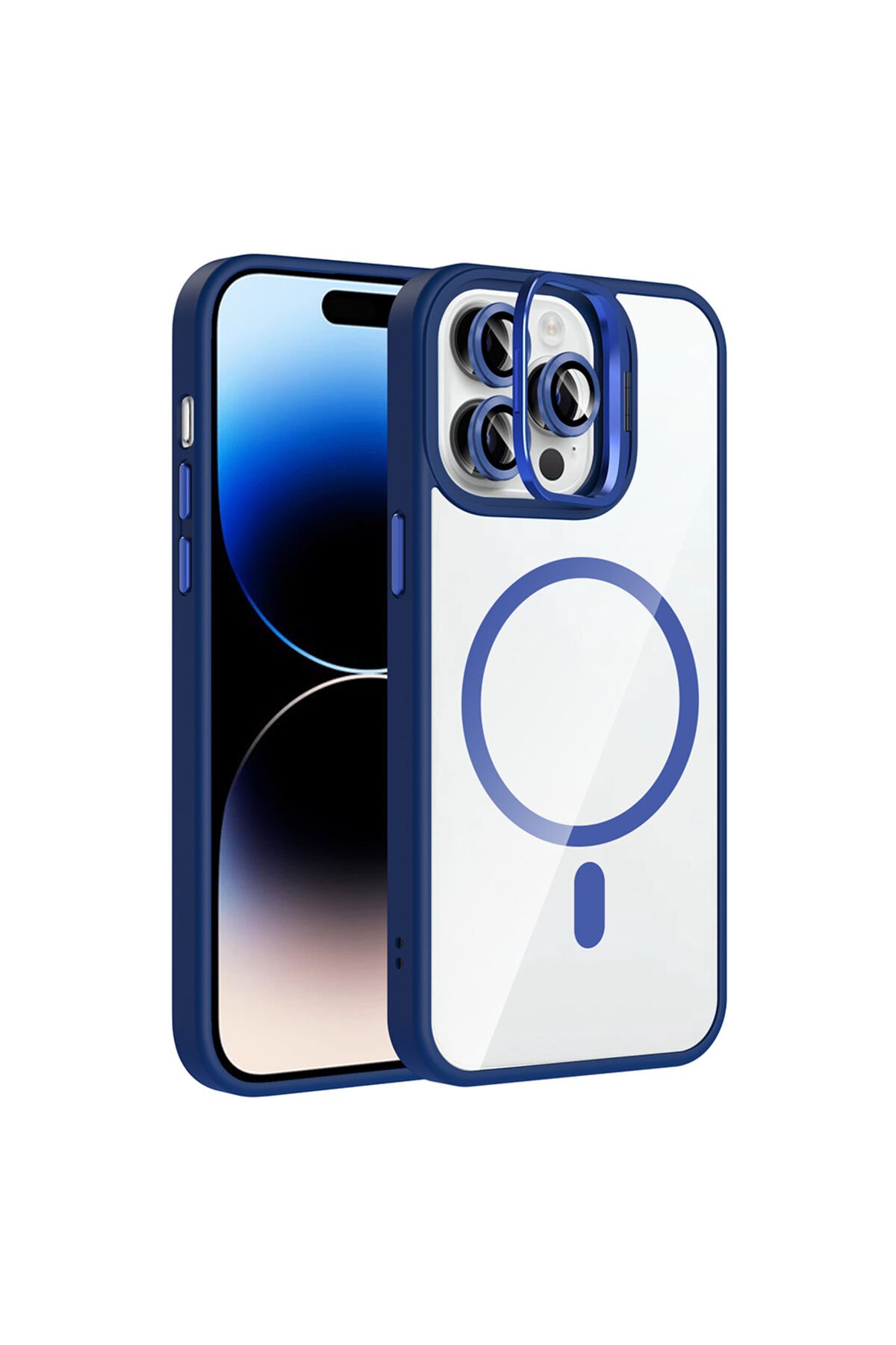 iPhone 14 Pro Max Kılıf Standlı ve Kamera Lens Hediyeli M-Safe Şarj Özellikli BSAY Etro Kapak - Dese Lacivert