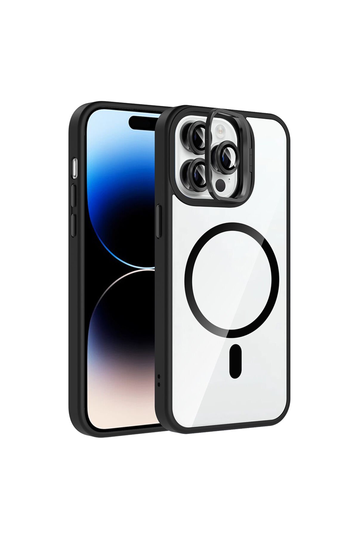 iPhone 14 Pro Max Kılıf Standlı ve Kamera Lens Hediyeli M-Safe Şarj Özellikli BSAY Etro Kapak - Dese Siyah
