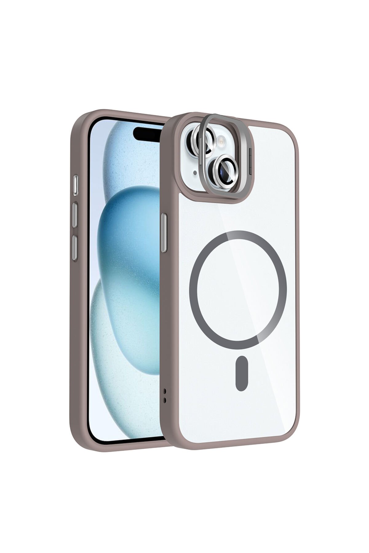 iPhone 15 Kılıf Standlı ve Kamera Lens Hediyeli M-Safe Şarj Özellikli BSAY Etro Kapak - Gri Gri
