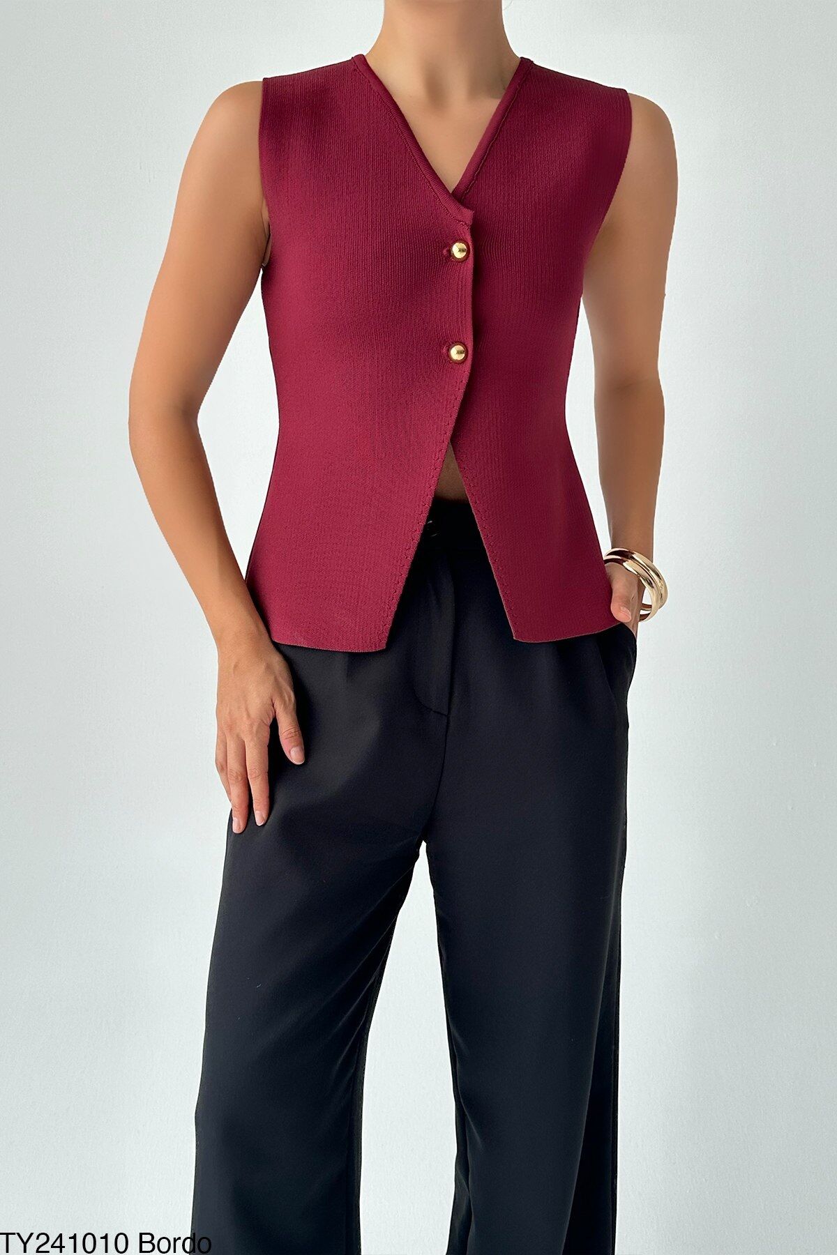 Dore Düğmeli Çelik Yelek Bordo - STD