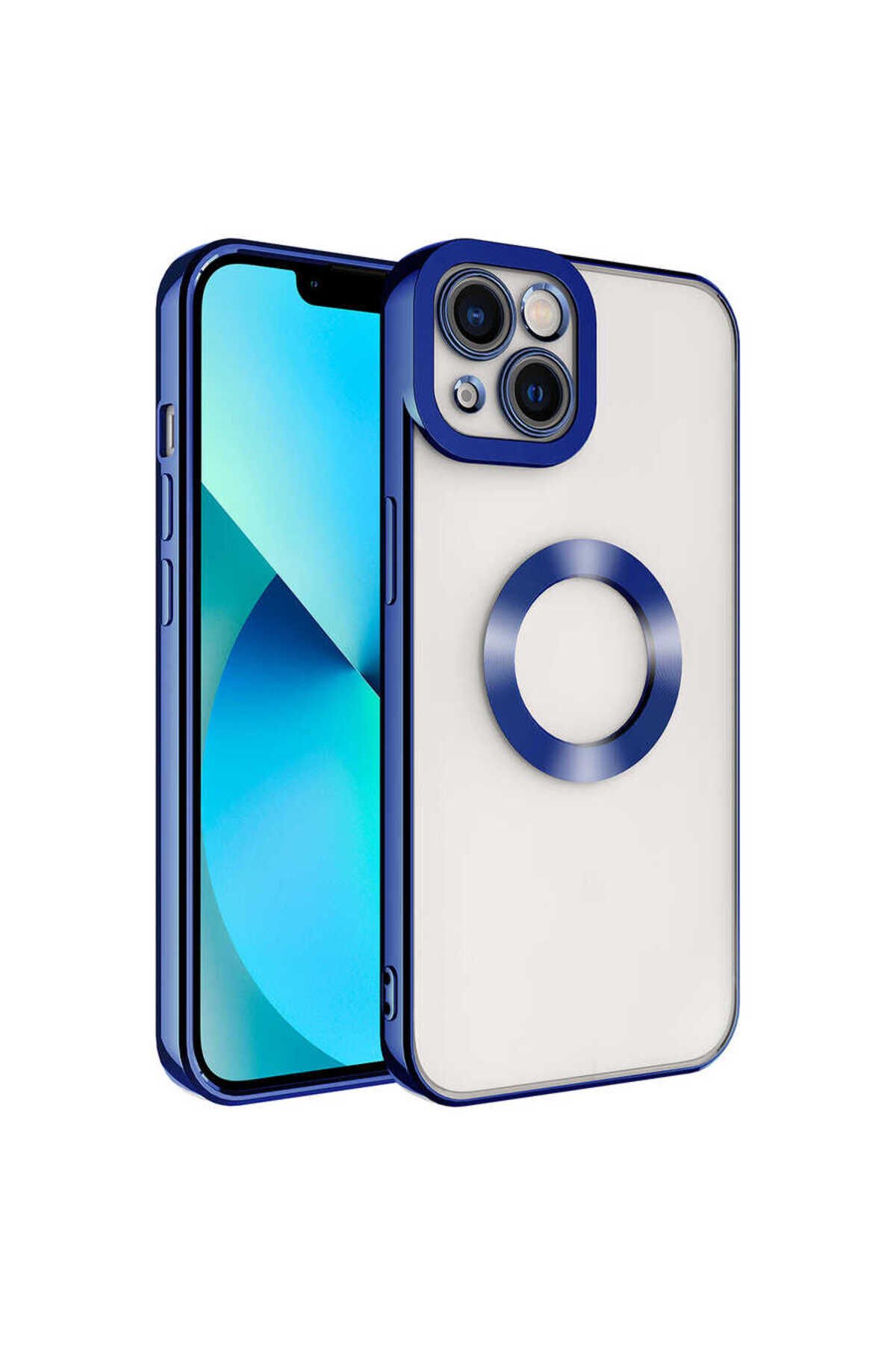 iPhone 14 Uyumlu Kamera Korumalı Logo Gösteren BSAY Omega Kılıf-Gümüş Mavi
