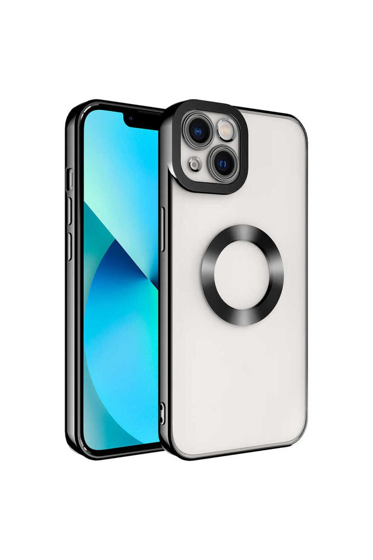 iPhone 14 Uyumlu Kamera Korumalı Logo Gösteren BSAY Omega Kılıf-Gümüş Siyah