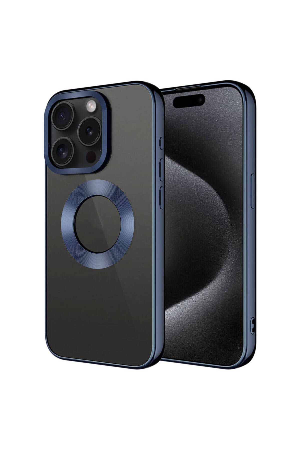 iPhone 15 Pro Max Uyumlu Tek Kamera Çerçeveli Logo Gösteren BSAY Omega Kılıf-Gold Lacivert
