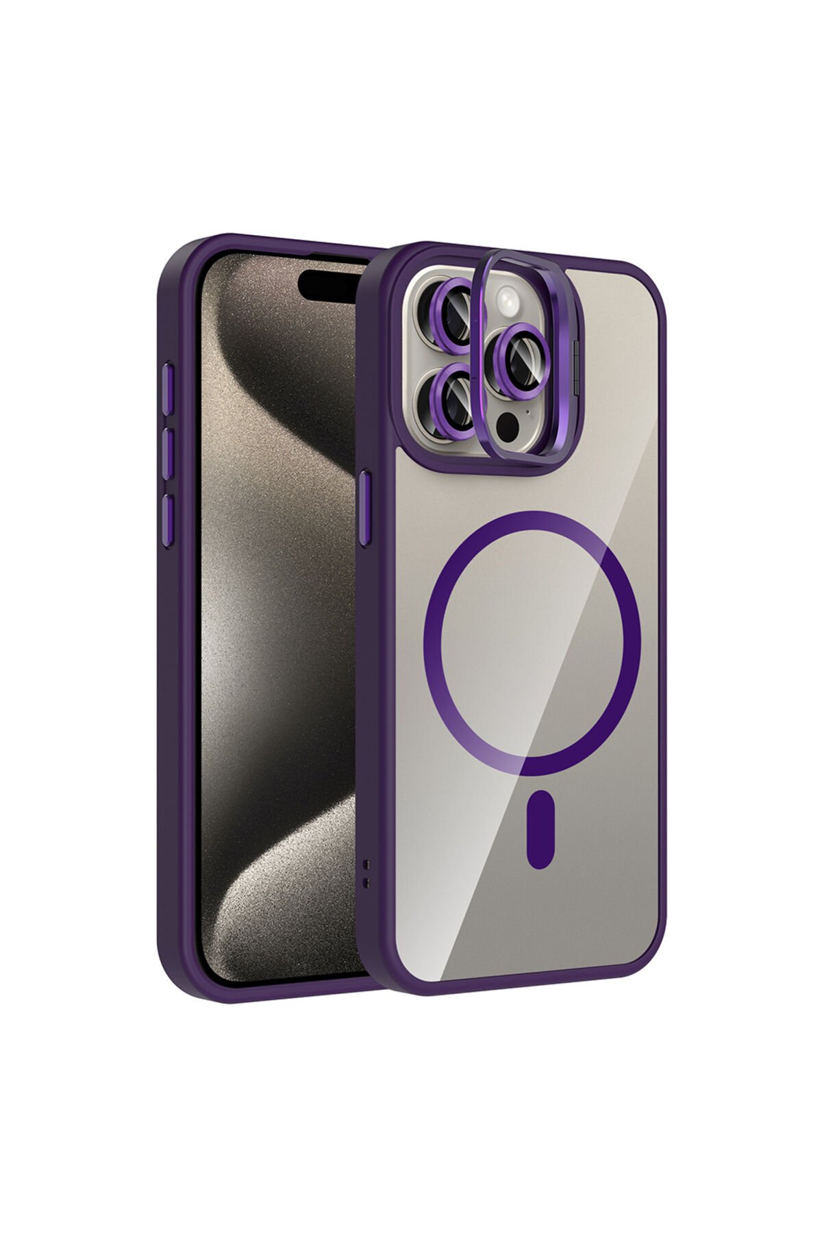 iPhone 15 Pro Max Kılıf Standlı ve Kamera Lens Hediyeli M-Safe Şarj Özellikli BSAY Etro Kapak - Siya Derin Mor