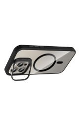 iPhone 15 Pro Max Kılıf Standlı ve Kamera Lens Hediyeli M-Safe Şarj Özellikli BSAY Etro Kapak - Siya Derin Mor