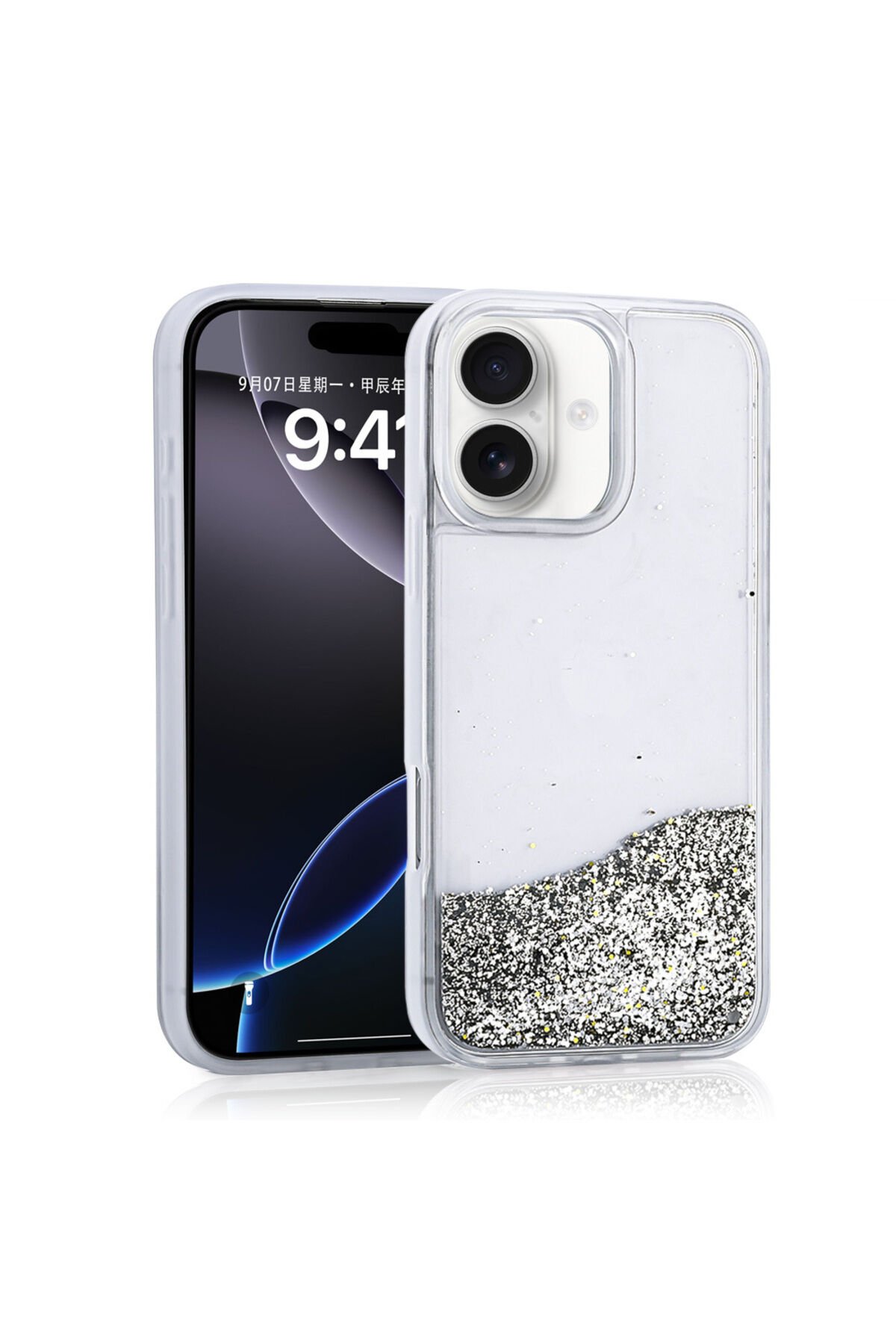 iPhone 16 Kılıf Sıvılı Simli Şeffaf Arka Yüzey TKDW Keto Silikon Kapak - Gümüş Gümüş