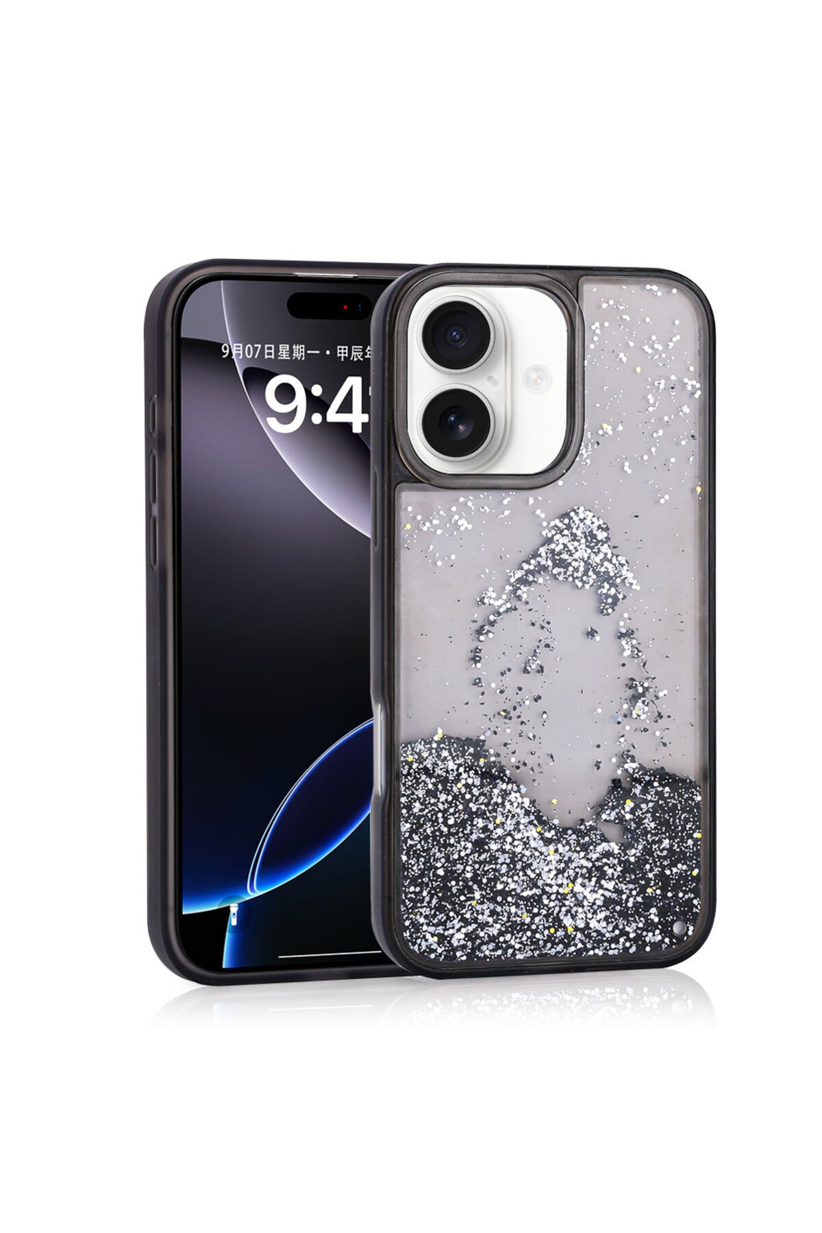 iPhone 16 Kılıf Sıvılı Simli Şeffaf Arka Yüzey TKDW Keto Silikon Kapak - Gümüş Gümüş