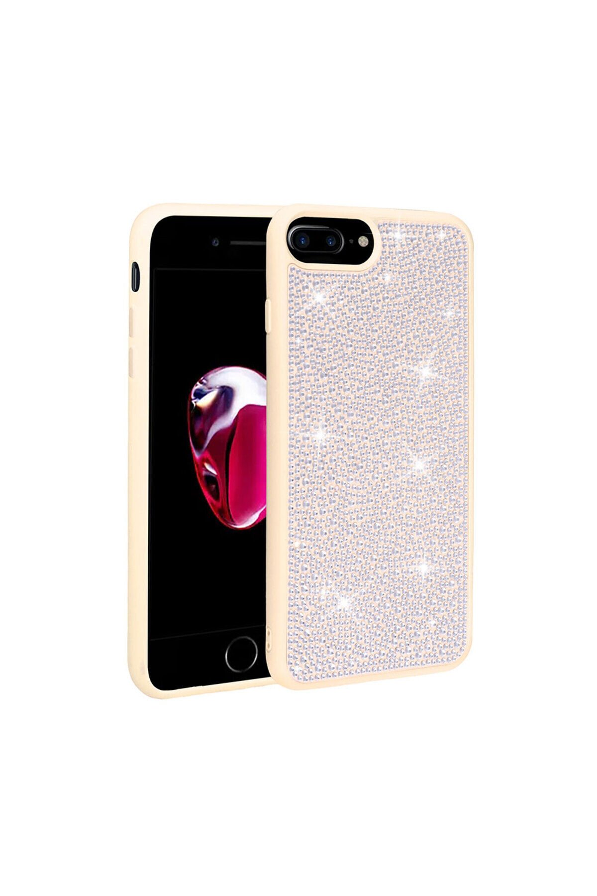 iPhone 8 Plus Kılıf Parlak Taşlı Tasarım BSAY Ston Kapak - Pembe Beyaz