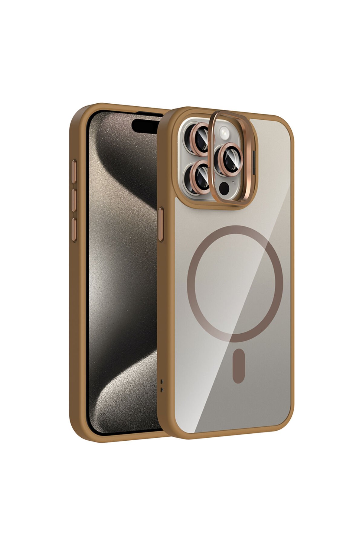 iPhone 15 Pro Max Kılıf Standlı ve Kamera Lens Hediyeli M-Safe Şarj Özellikli NXAR Etro Kapak - Dese Desert Titanyum